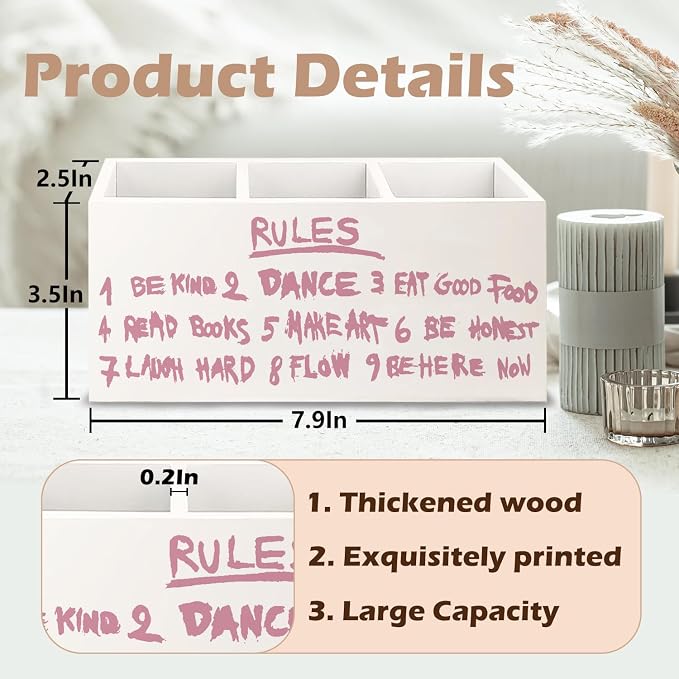 Inspirational Pink Rules Makeup Brush Toothbrush Holder Organizer for Dorm Bathroom Vanity, Trendy Preppy Pink Girly Wooden Pen Pencil Holder for Desk Accessories