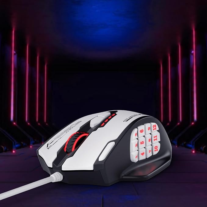 Redragon M908 Impact RGB MMO Gaming Mouse, Optical Wired Ergonomic Mouse with Max 24,000 DPI, High Precision, 18 Programmable Macro Shortcuts, Comfort Grip, Black & White