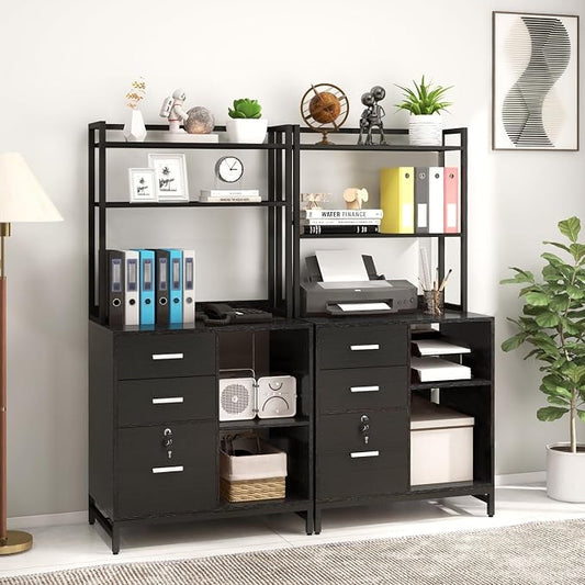 Livofloral File Cabinet with Charging Station, 3 Drawer Filing Cabinet with Bookshelf, Large Printer Stand with Open Storage Shelves for Home Office, Locking File Cabinets Fits Letter/A4 Size, Black