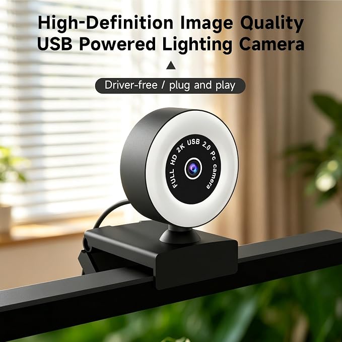 USB HD 2K Video Webcam,with Ring Ligh and Microphoneand Rotatable Tripod& Privacy Cover for PC,, Fast AutoFocus,with Auto White Balance for Video Calls, Live Streaming Gaming & Online Meetings