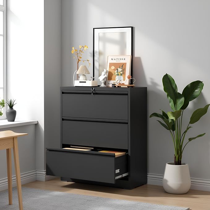 3 Drawer Lateral File Cabinet with Lock, Metal Lateral Filing Cabinet for Home Office, Steel Wide Horizontal Filing Cabinets for Letter/Legal/A4/F4 Hanging Files (Black)