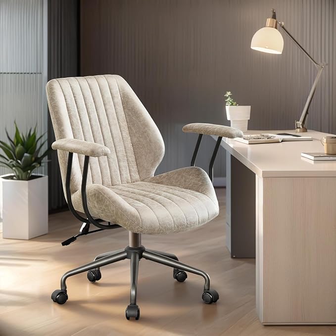 Home Office Chair,Ergonomic Computer Chair with Lumbar Support Adjustable Height,Mid-Century Modern Office Chair with Rolling Swivel Chair for Home Office Game Study(PU Leather Mid Back Chair,Beige)