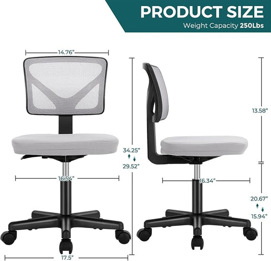 DUMOS Small Office Chairs with Wheels, Ergonomic Adjustable Home Desk Swivel Rolling Task Chair No Arms, Comfy Mesh Mid Back Computer Work Vanity Desk Chairs for Small Spaces, New Grey