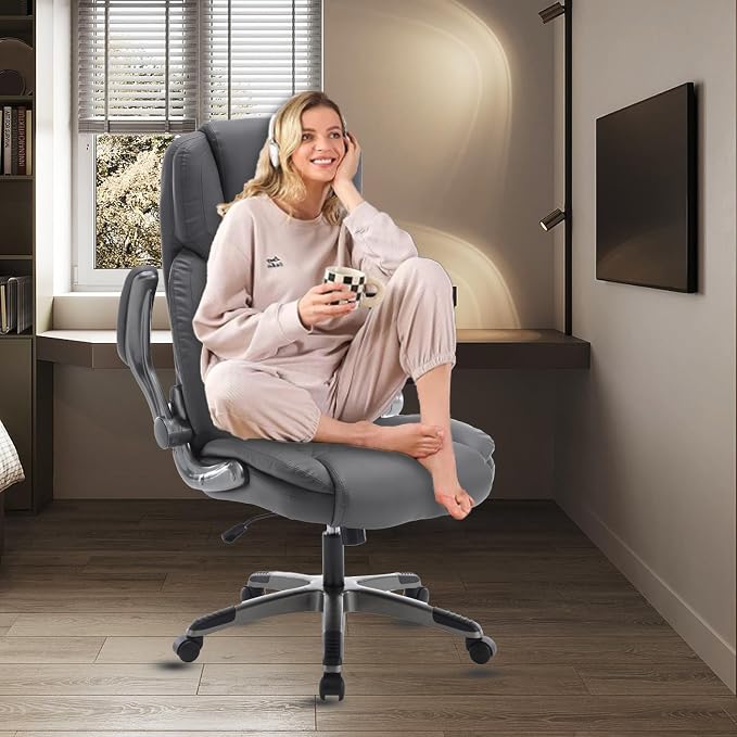 Executive Office Chair with Flip up Arms, Ergonomic PU Leather Office Chairs with Wheels, 90-120° Rocking High Back Office Desk Chair with Lumbar Support, Swivel Task Chairs(Grey)