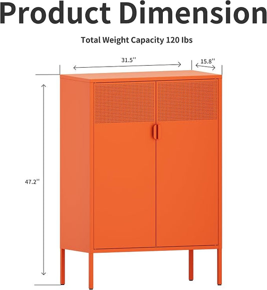Chshin Metal Storage Cabinet,Kitchen Pantry Storage Cabinet,Metal Sideboard with 2 Doors and 2 Adjustable Shelves,Orange Locker Cabinet for Home,Bathroom,Hallway,Office,Dining Room