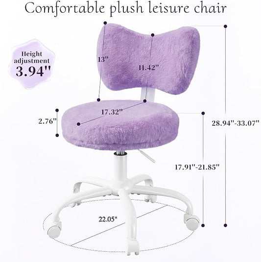 Homkdom Vanity Chair with Wheels, Cute Desk Chair with Bow Backrest, Fluffy Faux Rabbit Fur Small Office Chair for Vanity, Make-up Room, Bedroom, Dorm, Height Adjustable, Purple