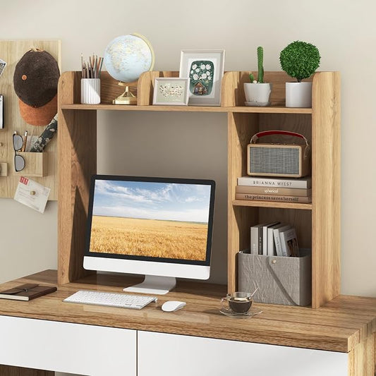 GOFLAME 5 Shelves Desktop Bookshelf, Wood Desk Hutch Dorm for Computer Desk, Countertop Display Rack, 3-Tier Desk Storage Organizer Shelf for Dormitory, Home Office, Study, Natural