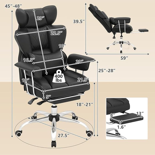 COSTWAY 400 LBS Big and Tall Office Chair, PU Leather Executive Desk Chair w/Retractable Footrest, Reclining Function, Lumbar Support, Ergonomic High Back Home Computer Task Chair (Black)