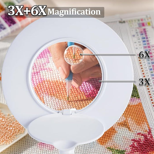 Clip On Magnifier Desk Lamp, Flexible Gooseneck, 2-in-1 Magnifying Glass 3X+6X Led Work Light for Reading, 3 Dimmable Office Magnifying Lamp, Hands Free Mag Desk Lamp for Crafts Sewing Needlepoint