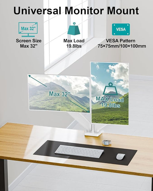 Dual Monitor Arm Desk Mount Fits 13 to 32 inch Computer Screens, Holds 4.4 to 19.8lbs Display VESA Mount, Adjustable Double Monitor Stand with Clamp/Grommet Base, 75/100mm Bracket, White, Freelift