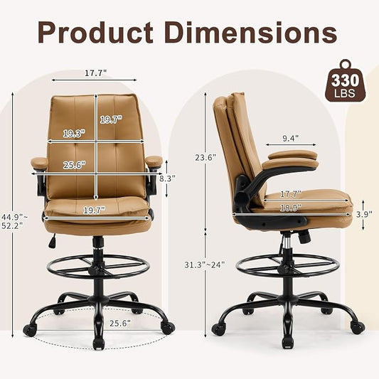 Karl home Tall Drafting Chair, Faux Leather Khaki | 330Lbs Capacity, Tall Office Chair for Standing Desk, Adjustable Height with Foot Ring, Flip-Up Armrests, PU Executive Chair