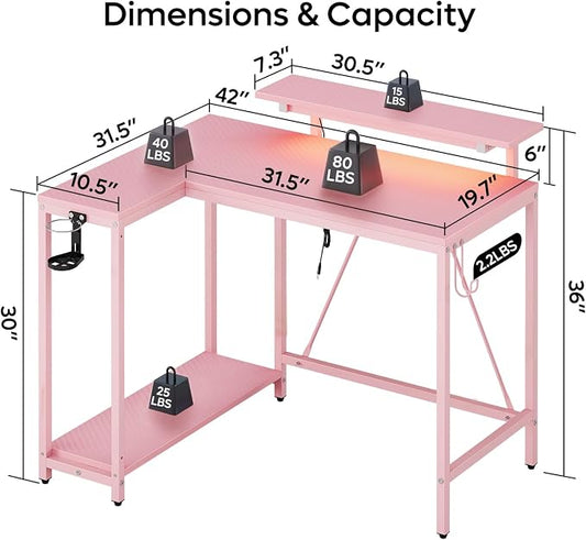 Pinmoco 42" Reversible Small L-Shaped Gaming Desk with LED Lights, Pink | corner desk fits small spaces, monitor stand, cup holder, headset hook, carbon fiber surface, for gaming and home office