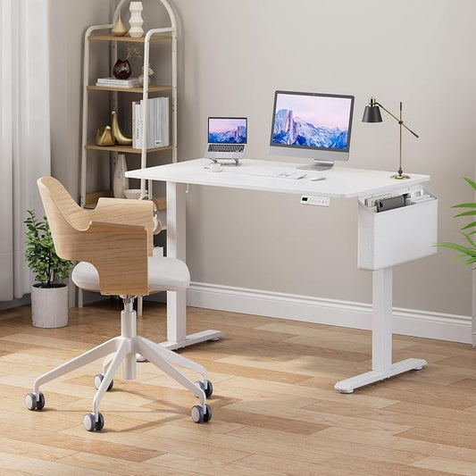 White Electric Sit To Stand Desk - 40 Inch Small Computer Desk Adjustable Height for Work Study Writing, Compact Sit Stand up Desks Table Workstation for Small Space Adult Boy Girl Home Office Bedroom