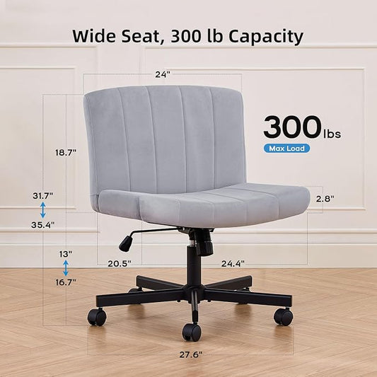 amseatec Criss Cross Chair, Wide Cross Legged Desk Chair with Wheels, Comfy Fabric Vanity Chair for Home Office, Adjustable Armless Swivel Task Chair with 90–115°Tilt(300Lbs/Gray)