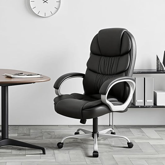 Furmax Leather High Back Office Chair Ergonomic Executive Office Chair Swivel Computer Desk Chair Lumbar Support Soft Cushioned Padded Arms (Ink Black)