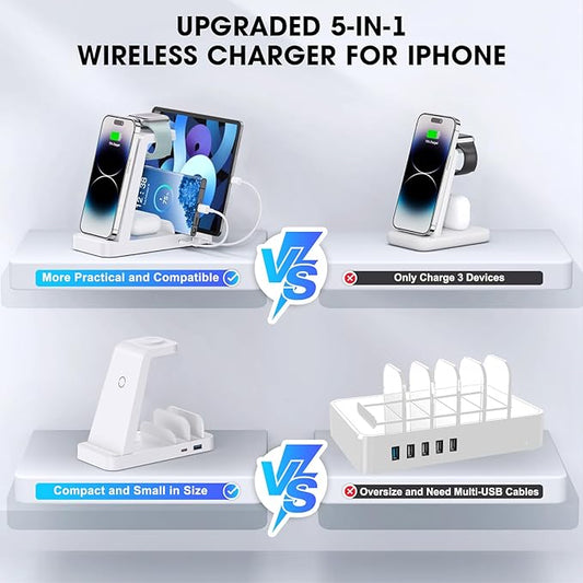 GAUOLN Wireless Charger for iPhone - 5 in 1 Charging Station for Multiple Devices Apple: Fast Wireless Charging Stand Dock for iPhone 17 16e 16 15 14 13 12 Pro Max Apple Watch Airpods(White)