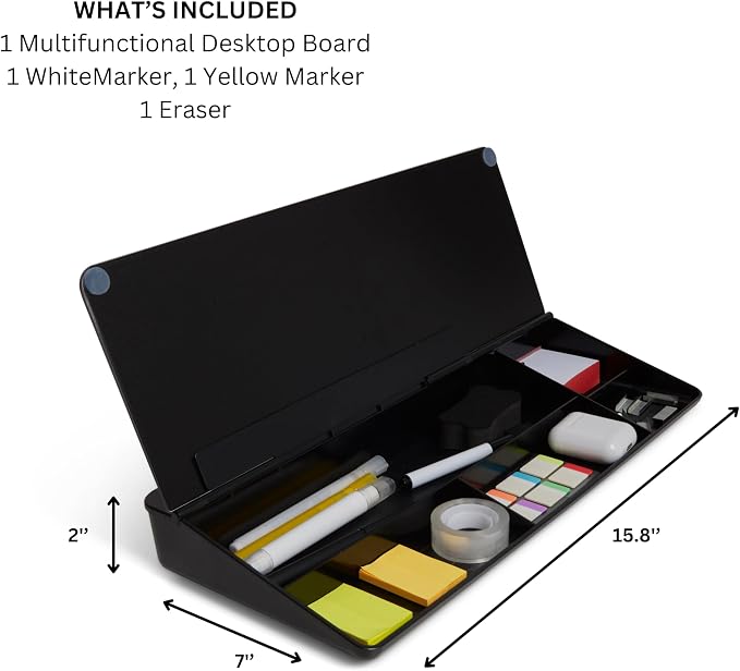 GAROOD Desktop Dry Erase Board with Storage Black Color Dry Erase Board Desk Board Glass Desktop Board with Stand Home Office Desk Organizer Phone Holder 15.8X7X2 inches