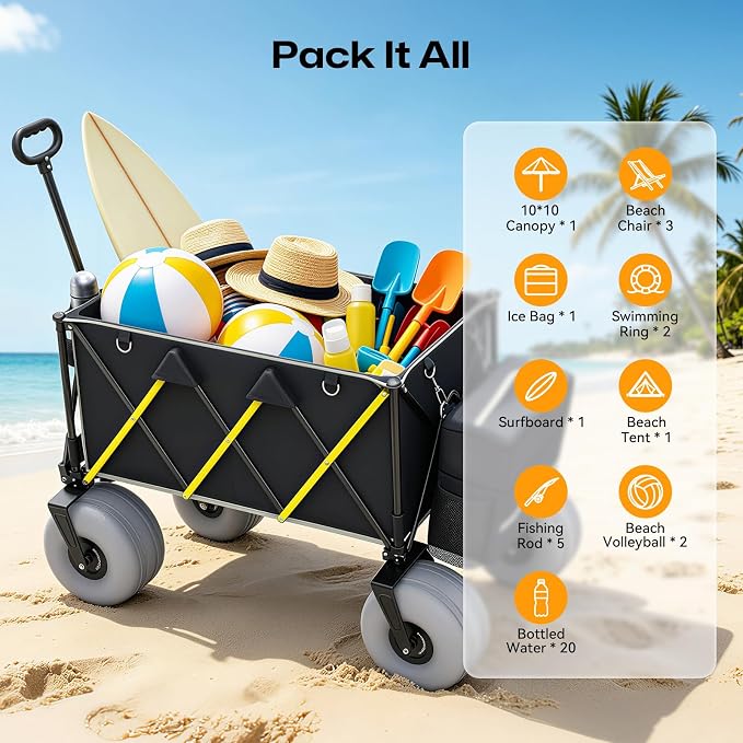 Premium 10.5" Balloon Wheels Beach Wagon - 450LBS Heavy Duty Sand Wagon, Foldable All Terrain Collapsible Utility Wagon with Removable Cooler Bag, Easy Roll for Soft Sand Family Camping-Black
