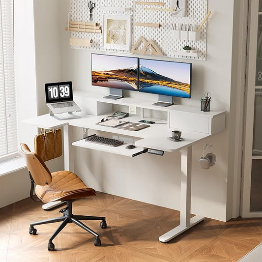 OffiGo U Shaped Electric Standing Desk with Drawers, 55 Inch Height Adjustable Desk with Keyboard Tray & Ergonomic Monitor Stand, Sit Stand Table with Power Outlets for Home, Office, White