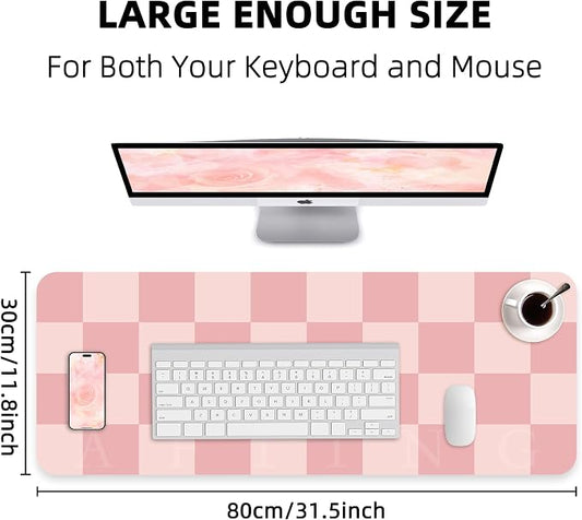 AFIING Pink Checkered Desk Mat, 31.5" x 12",Waterproof PU Leather Desk pad | Non-Slip Rubber Base, Easy Clean Surface, Desk Protection, Office & Home