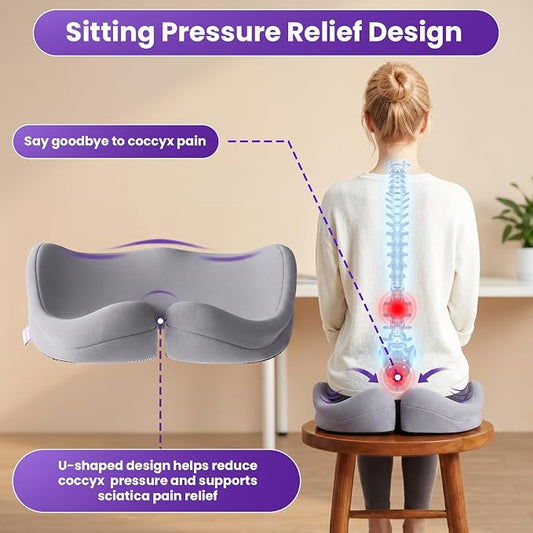 ZZ-WELL Seat Cushions for Office Chairs, Coccyx Cushion for Tailbone Pain, Memory Foam Butt Pillows for Long Sitting, Patented Pressure Relief Design, Extra Large & Thick, 21.2 Inches (Light Grey)