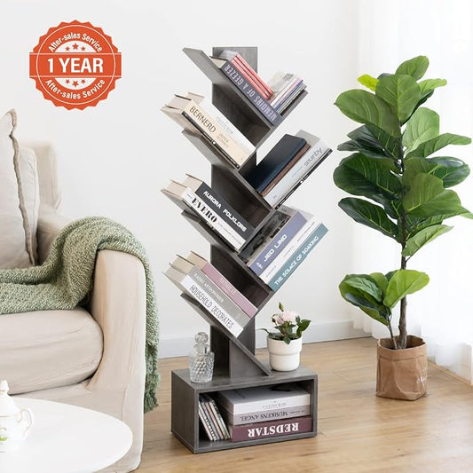 Yoobure Tree Bookshelf - 6 Shelf Retro Floor Standing Bookcase, Tall Wood Book Storage Rack for CDs/Movies/Books, Utility Book Organizer Shelves for Bedroom, Living Room, Home Office, Grey