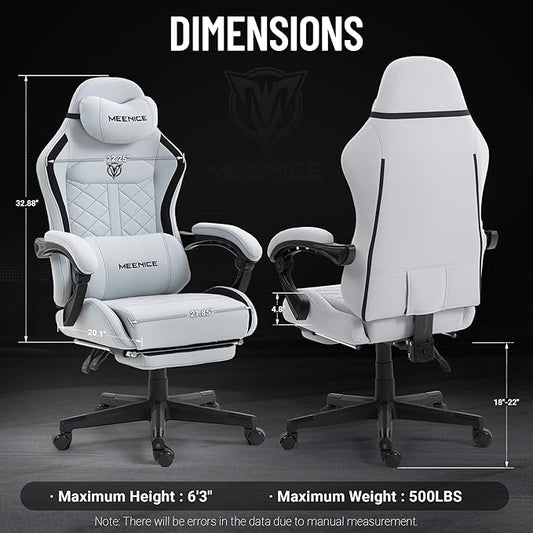 Big and Tall Gaming Chair Fabric with Pocket Spring Cushion, High Back Heavy Duty Gaming Chairs for Adults with Massage Lumbar Support, Ergonomic Computer Chair with Footrest for 400LBS Gray