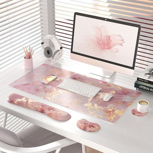 QiyI Leather Desk Mat Set, 4-in-1 Large Mouse Pad with Ergonomic Wrist Rest, Waterproof Desk Pad + Keyboard Wrist Rest + Mouse Wrist Support + Coaster, Non-Slip Office Gaming Accessories, Pink Marble
