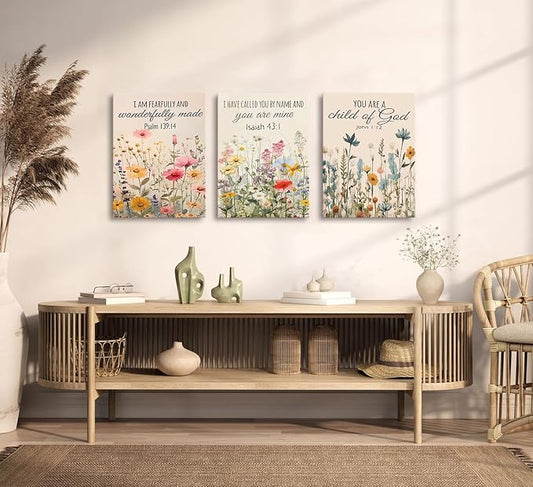 3Pcs Christian Floral Scripture Canvas Wall Art, Wildflower Bible Verse Posters Wall Decor, Psalm Religious Faith Art Pictures Prints for Living Room Bedroom Decorations 16x24in Framed