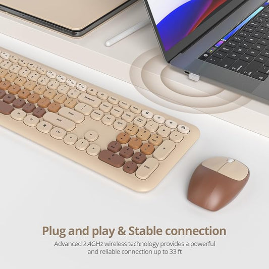 surmen Brown Quiet Keyboard and Mouse Wireless, Full-Size Retro Typewriter Wireless Cute Colorful Keyboard with Low-Noise 2.4GHz for Home and Office(Coffee