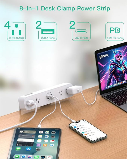 65W USB C Desk Clamp Power Strip, 8-in-1 Desktop Mount Surge Protector with 4 AC Outlets 2 USB-C & 2 USB-A Ports, PD 65W Fast Charging Station, 5Ft Extension Cord, Desk Edge Mount for Home Office