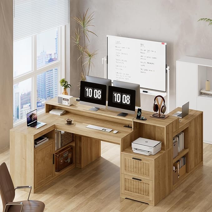 TVU Farmhouse L Shaped Desk with Drawers, 62.2" Home Office Desk with Storage Shelves and Power Outlet, L Shaped Computer Desk with Monitor Stand and Printer Shelf, Oak