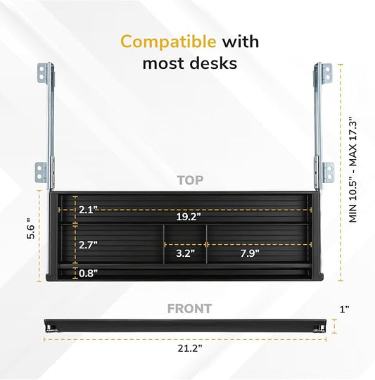 Mount-It! Under Desk Pencil Drawer | 21.25” W, Ball Bearing Slide-Out Organizer for Office Supplies, Paper & Pencils | Fits Desks Over 1” Thick, Adjustable Extension 16.25”–28”