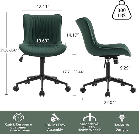 YOUTASTE Dark Green Armless Office Chair, Modern Adjustable Swivel Desk Chair with Wheels, Upholstered PU Leather, Black Metal Legs, Back Support for Home Office, Study, Vanity, Bedroom