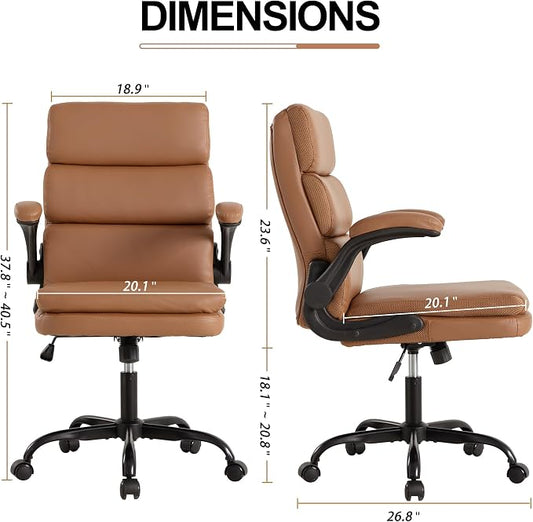 Mid Back Office Desk Chair,Leather Conference Room Chairs,Ergonomic Home Computer Chair,Modern Executive Chair with Padded Flip-up Armrest and Swivel Wheels (Brown)