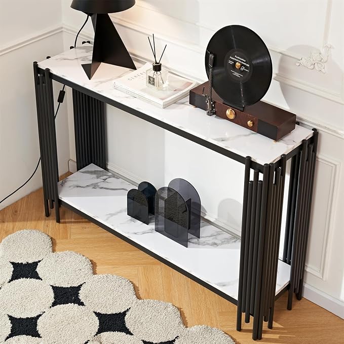White Marble Coffee Table Set of 2 - Faux Marble Coffee and Console Tables With Chrome Metal I-Base, Luxury 2 Piece Living Room Set for Bedroom Home Office