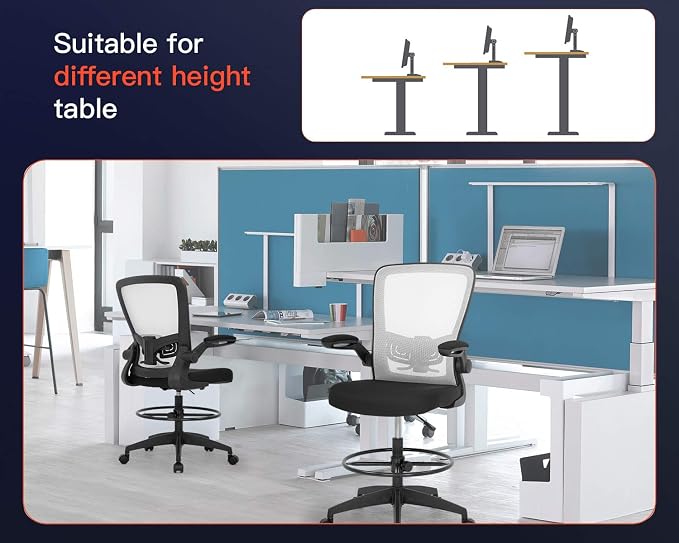 BestOffice Drafting Chair Tall Office Chair Adjustable Height with Lumbar Support Arms Footrest Mid Back Standing Desk Chair with Swivel Rolling Mesh Stool White