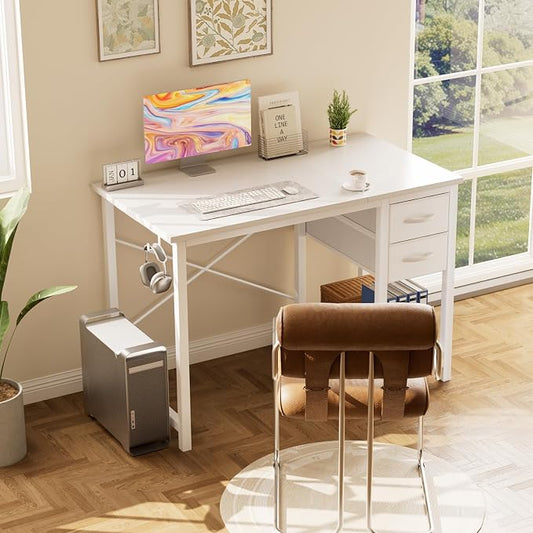 Sweetcrispy 47 Inch Computer Desk with Drawers Home Office Gaming X-Shaped Reinforcement Modern Wood Study Surface Side Hook Sturdy Metal Frame Large Storage Station White
