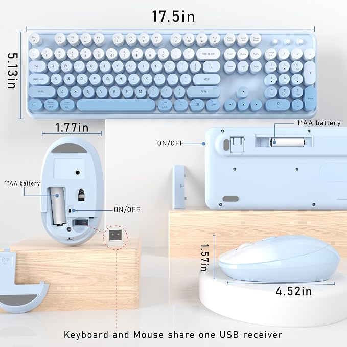 Links9+ Wireless Keyboard and Mouse, Full-Size Retro Typewriter Keyboard with Round Keycaps, 2.4GHz for Windows, Mac, Laptop, PC, Desktop (Blue Gradient)