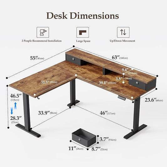 Klicelor L Shaped Electric Standing Desk 63 x 55.1 inch with Shelf, Height Adjustable Corner Desk, Sit Stand Desk with Storage Shelf, Home Office Computer Table, Rustic Brown