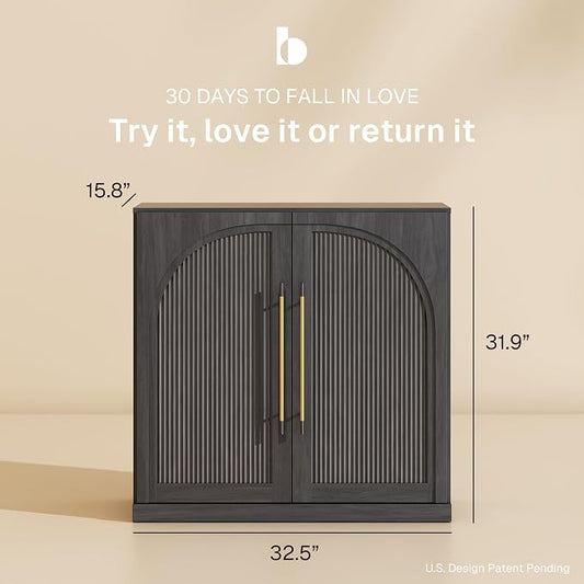 BELLEZE 32.5" Kitchen Storage Cabinet with Adjustable Shelves,Freestanding Accent Cabinet with Fluted Arched Design & Gold Handles,Modern Credenza for Living Room,Dining Room,Entryway - Ebony