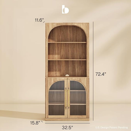 BELLEZE Pantry Storage Cabinet with Hutch, Modular Cabinet with Adjustable Shelves for Organizing, Visible Storage with Glass Door, Wood Highboard for Living Room, Kitchen and Home Office - Camel