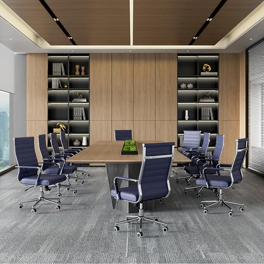 Okeysen Navy Blue Office Desk Chair, Ergonomic Leather Modern Conference Room Chairs, Executive Ribbed Height Adjustable Swivel Rolling Chair for Home Office.