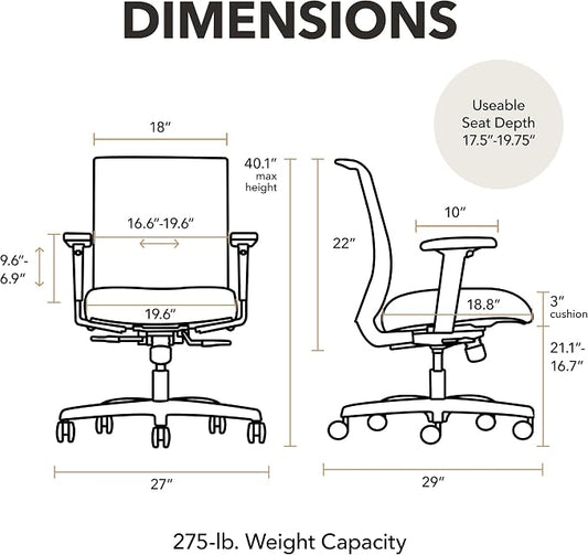 HON Convergence Ergonomic Office Chair with Mesh Back, Vinyl Seat Cushion, Adjustable Arms, Lumbar Support, Synchro‑Tilt Swivel Desk Chair with Wheels for Home Office, Black Frame, Black
