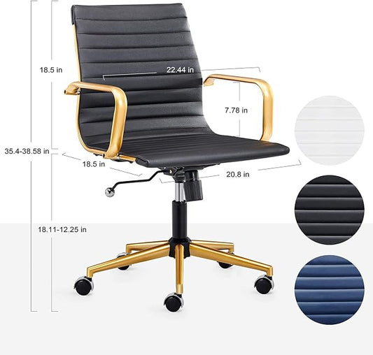Black and Gold Office Chair with Arms, Faux Leather Ribbed Back, Adjustable Swivel Executive Chair for Home Office and Meeting Room
