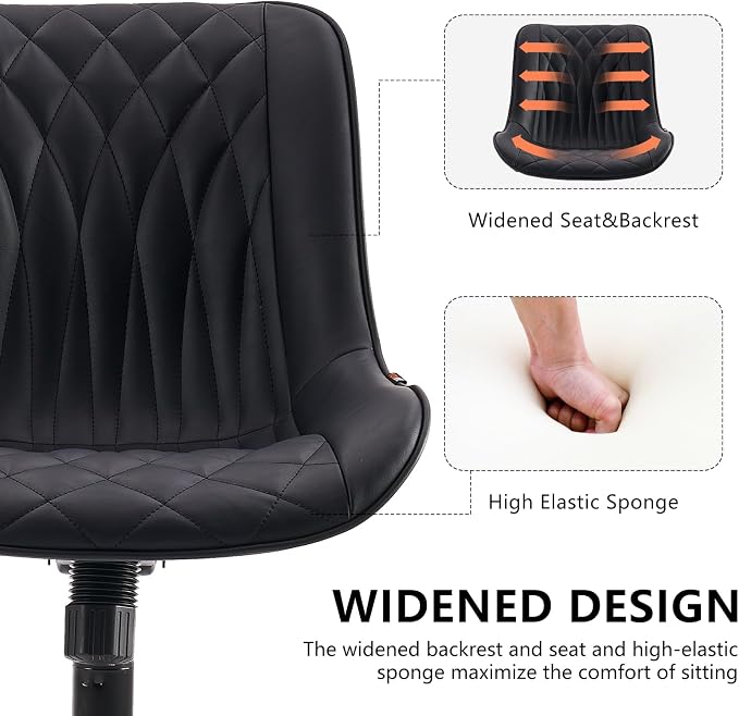 YOUNIKE Black Faux Leather Office Chair Armless Comfy Desk Chair with Rocking Back Cute Swivel Vanity Chair with Wheels Height Adjustable Small Computer Task Chair for Sewing Drafting Ergonomic