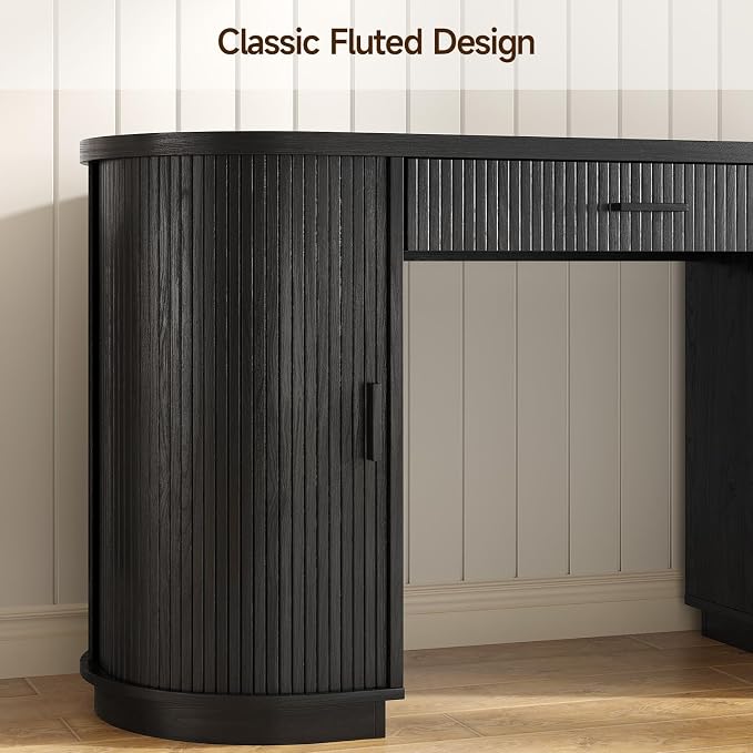 ONBRILL 58 Inch Fluted Executive Desk, Computer Desk with Storage Drawers & File Drawer, Modern Home Office Desk with Charging Station for Working, Studying, Writing, Black