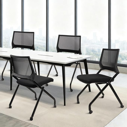 CLATINA Stackable & Foldable Conference Room Chairs, Waiting Room Chairs with Wheels & Lumbar Support, Ergonomic Mesh Bouncing Back Folding Chair for Office Meeting Schools Training Room, Black 20pk