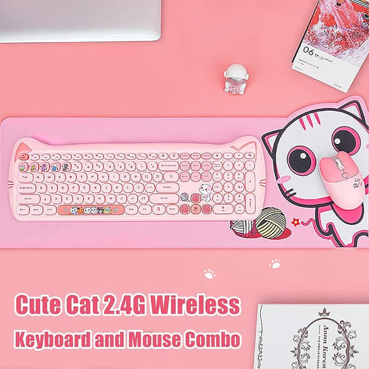 Cute Cat 2.4G USB Wireless Keyboard and Mouse Combo, Silent Keys, Candy Colors, Compatible with Notebook, PC (Pink-110Keys)