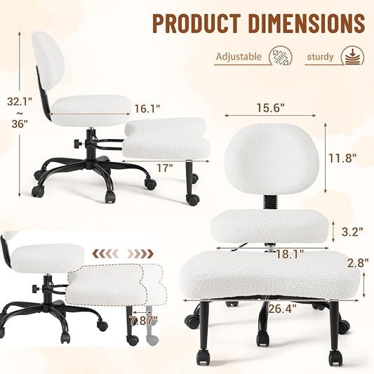 Homall Ergonomic Cross Legged Office Desk Chair with Wheels, 360° Swivel and Adjustable Height for Meditation and ADHD,Criss Cross Kneeling Chair with Lumbar Support (Teddy Fabric, White)
